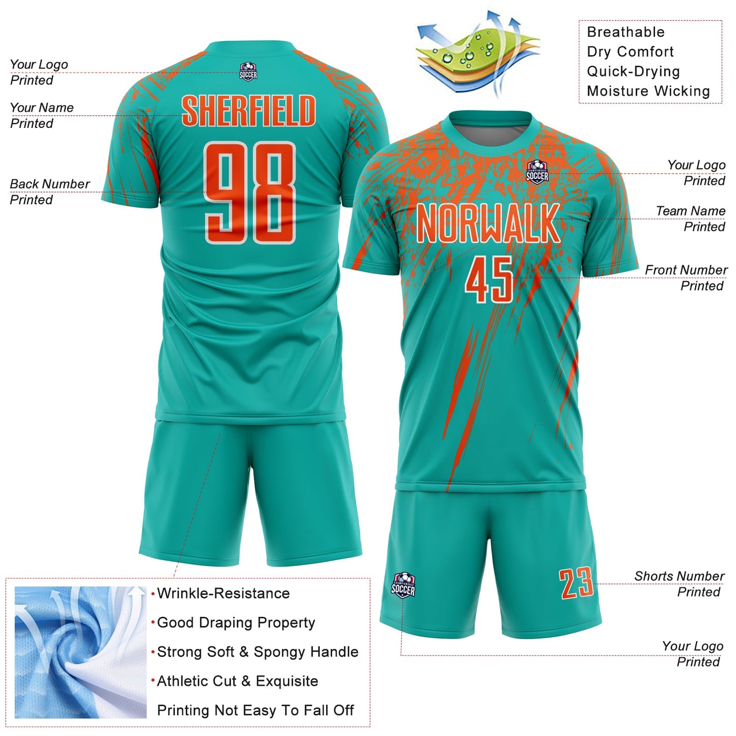 Custom Aqua Orange-White Splash Sports Sublimation Soccer Uniform Jersey view 4
