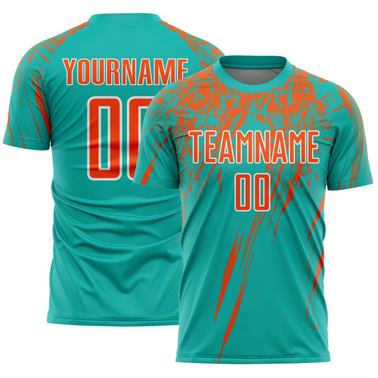 Custom Aqua Orange-White Splash Sports Sublimation Soccer Uniform Jersey - Main View