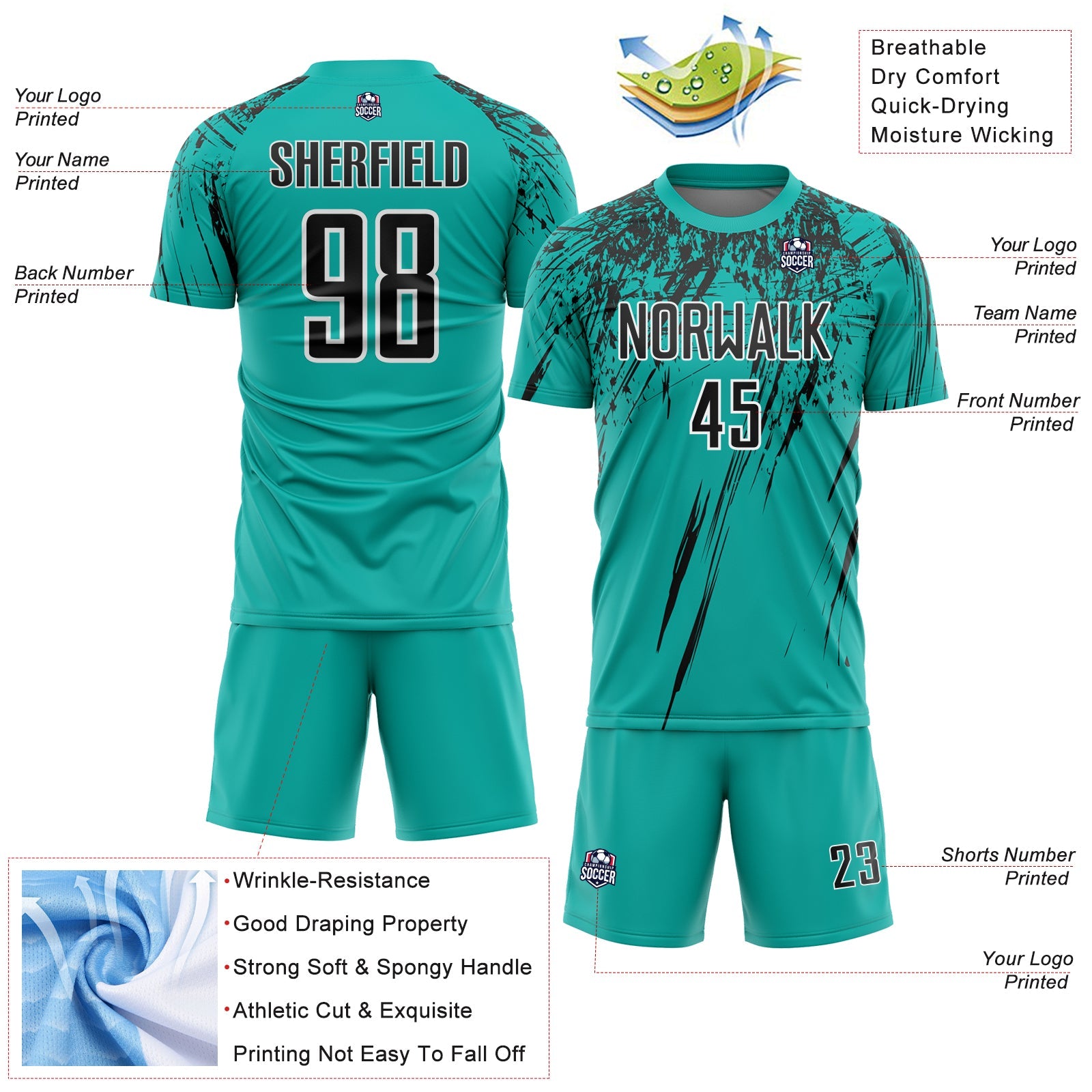 Custom Aqua Black-White Splash Sports Sublimation Soccer Uniform Jersey view 4