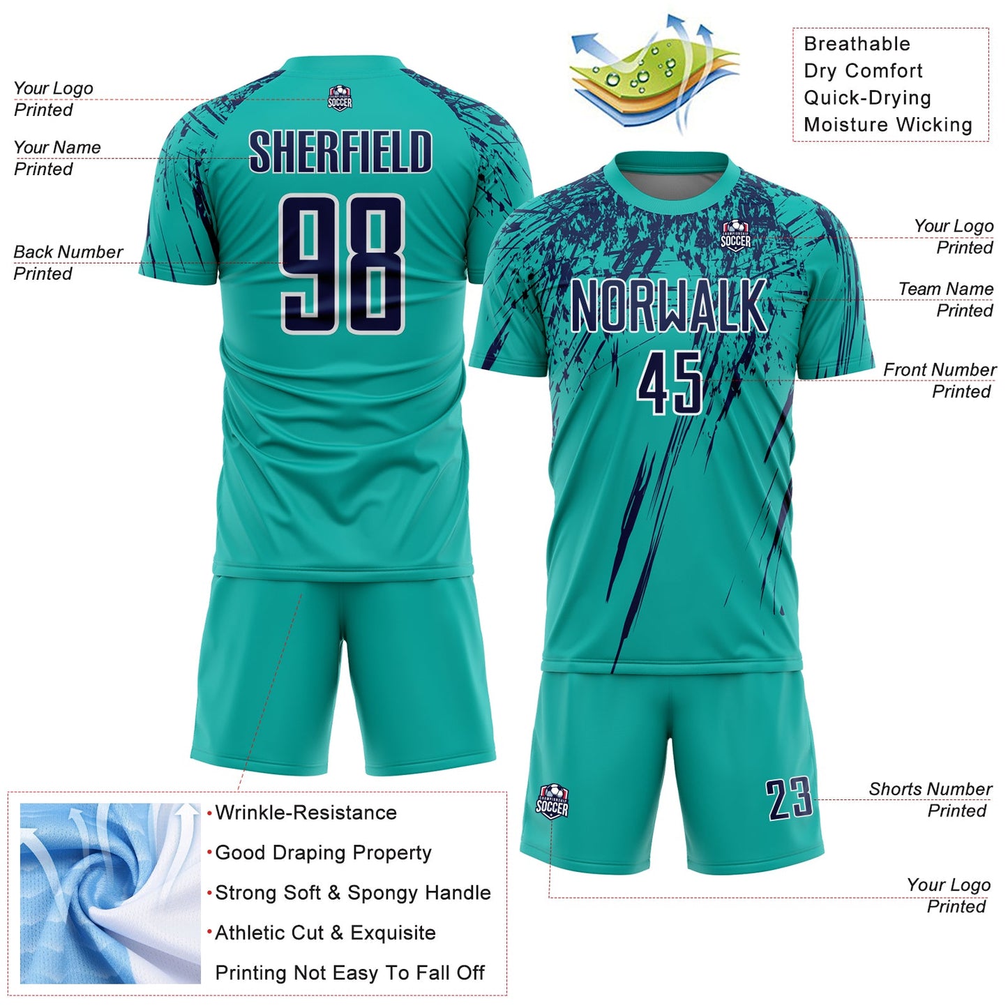 Custom Aqua Navy-White Splash Sports Sublimation Soccer Uniform Jersey view 4