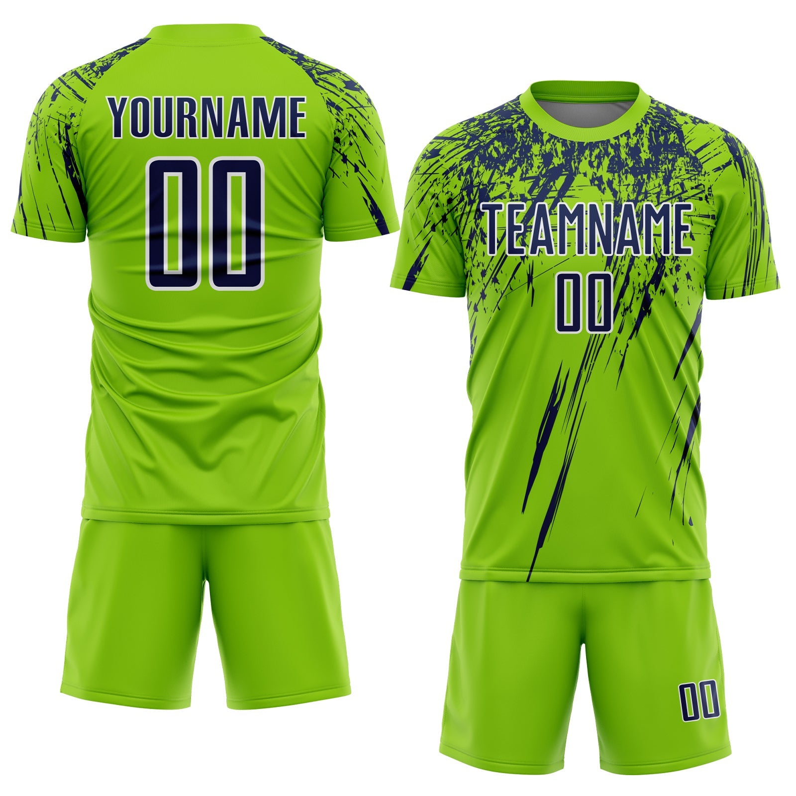 Custom Neon Green Navy-White Splash Sports Sublimation Soccer Uniform Jersey view 2