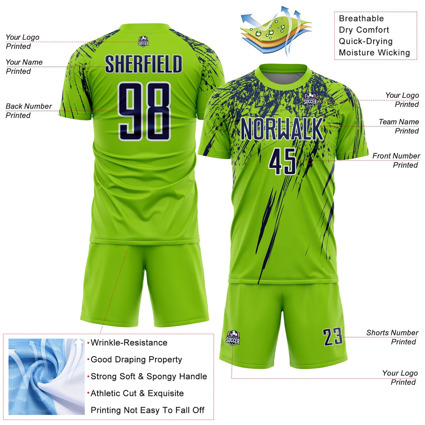 Custom Neon Green Navy-White Splash Sports Sublimation Soccer Uniform Jersey view 4