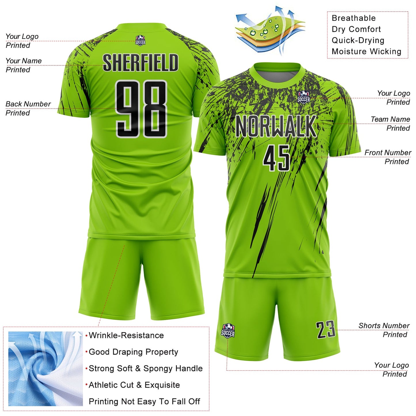 Custom Neon Green Black-White Splash Sports Sublimation Soccer Uniform Jersey view 4