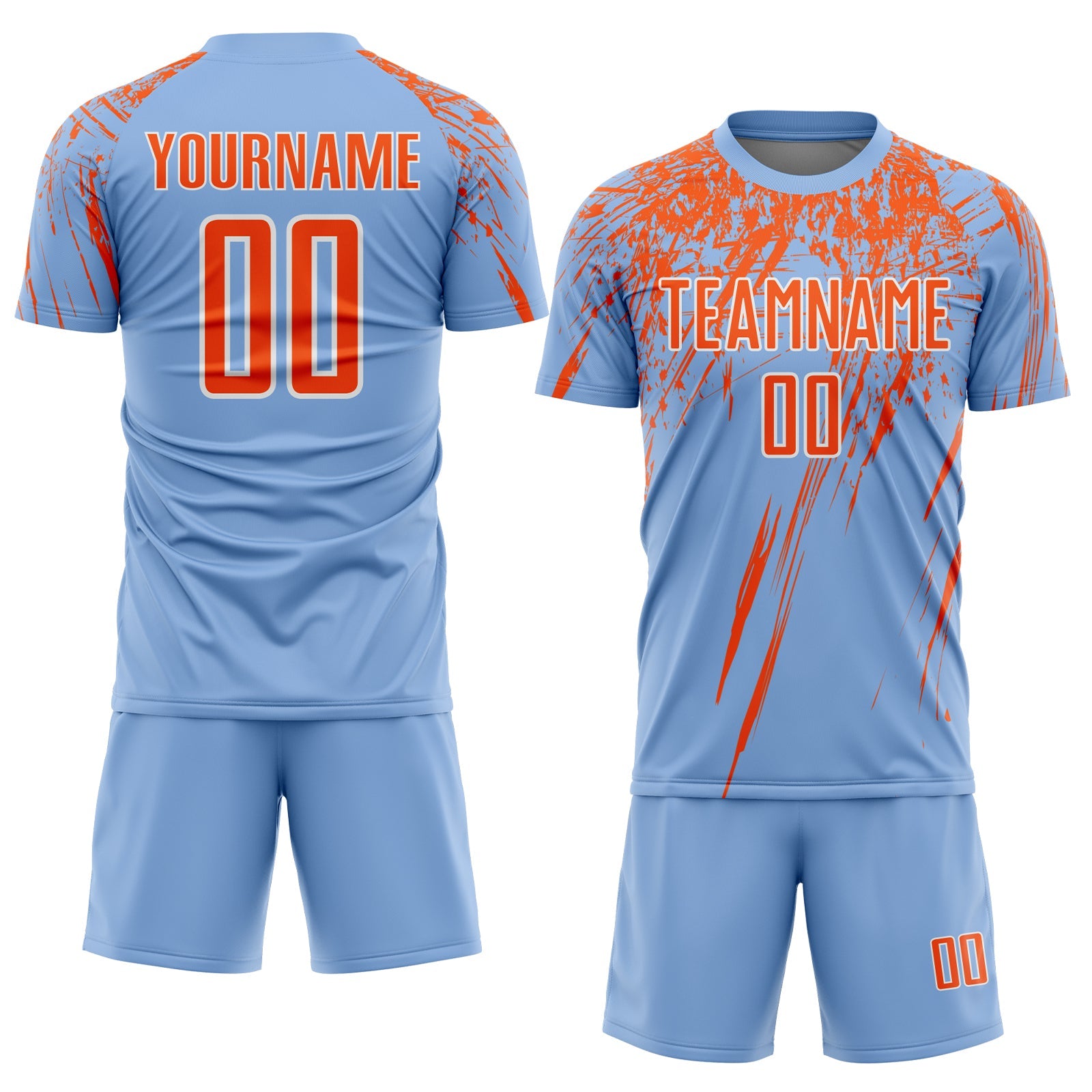 Custom Light Blue Orange-White Splash Sports Sublimation Soccer Uniform Jersey view 2