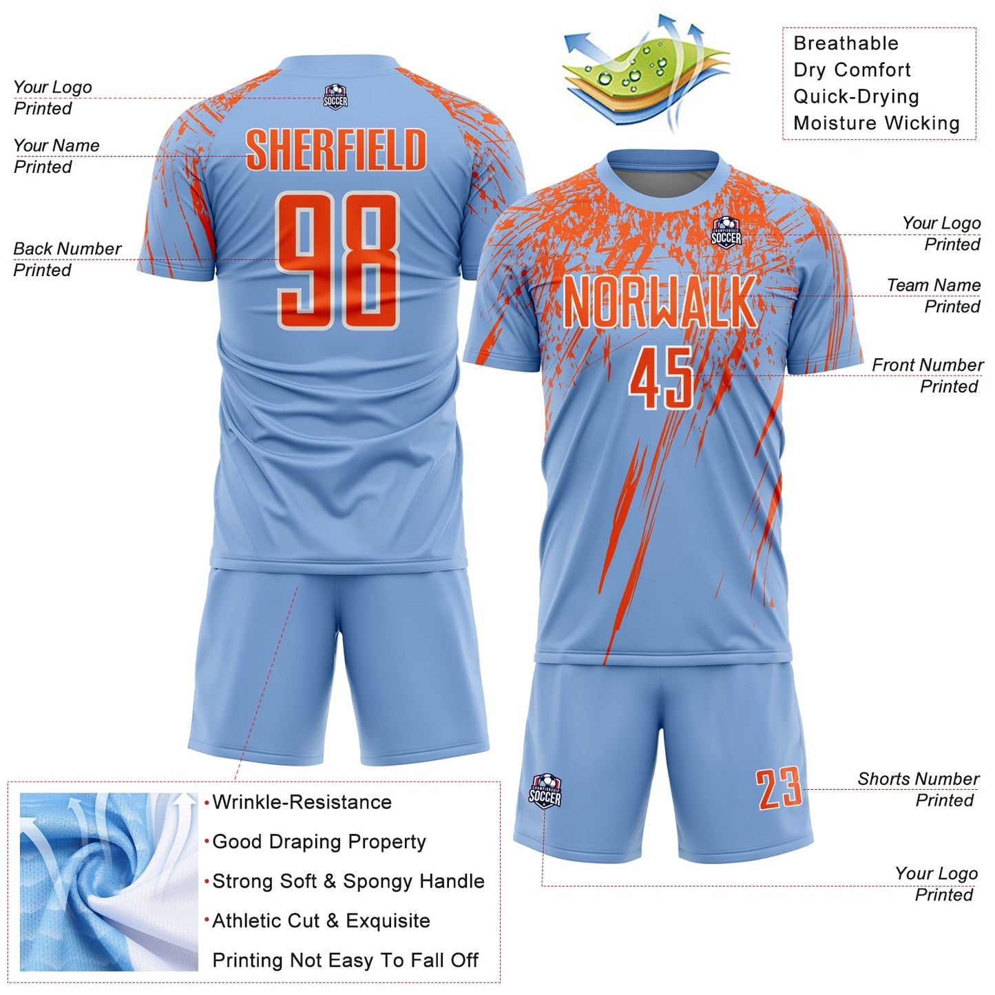 Custom Light Blue Orange-White Splash Sports Sublimation Soccer Uniform Jersey view 4