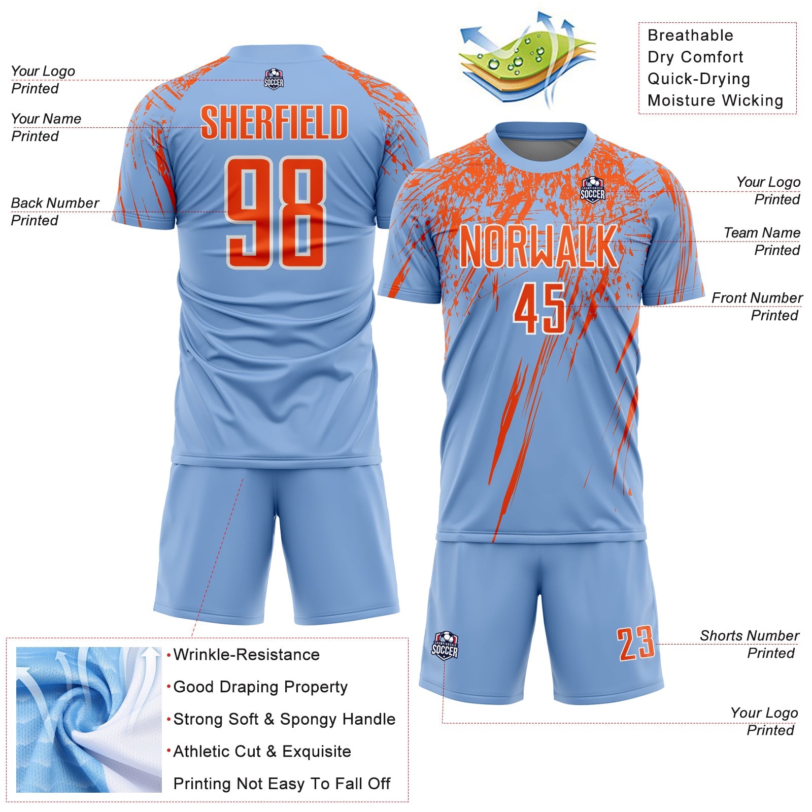 Custom Light Blue Orange-White Splash Sports Sublimation Soccer Uniform Jersey view 4