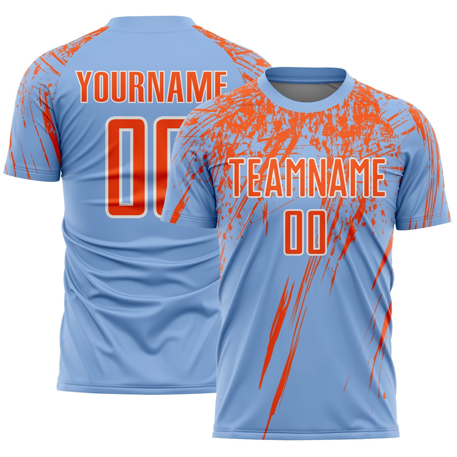 Custom Light Blue Orange-White Splash Sports Sublimation Soccer Uniform Jersey - Main View