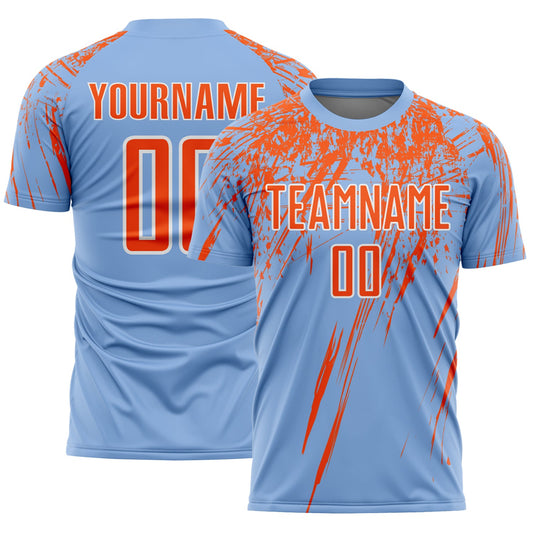 Custom Light Blue Orange-White Splash Sports Sublimation Soccer Uniform Jersey - Main View