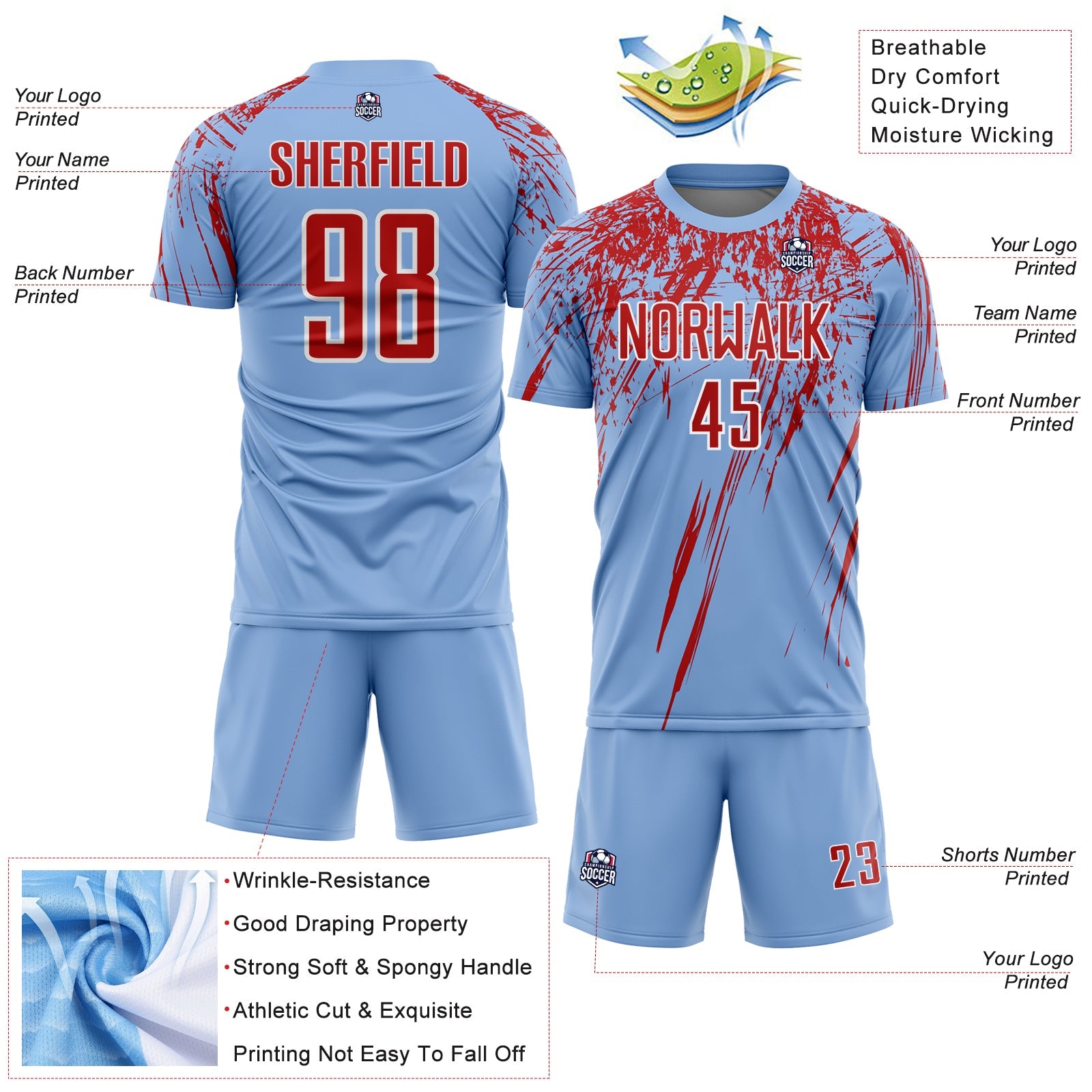 Custom Light Blue Red-White Splash Sports Sublimation Soccer Uniform Jersey view 4