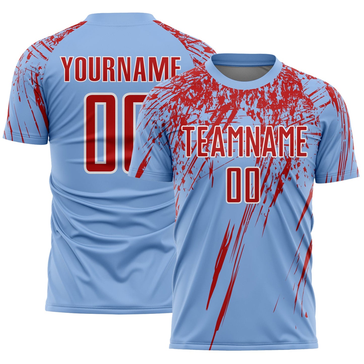 Custom Light Blue Red-White Splash Sports Sublimation Soccer Uniform Jersey - Main View