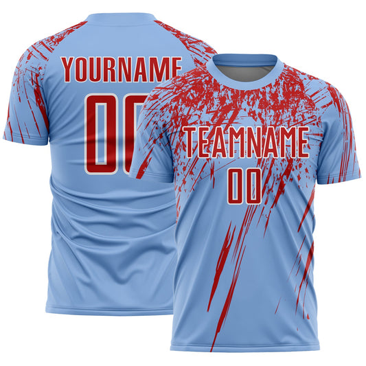 Custom Light Blue Red-White Splash Sports Sublimation Soccer Uniform Jersey - Main View
