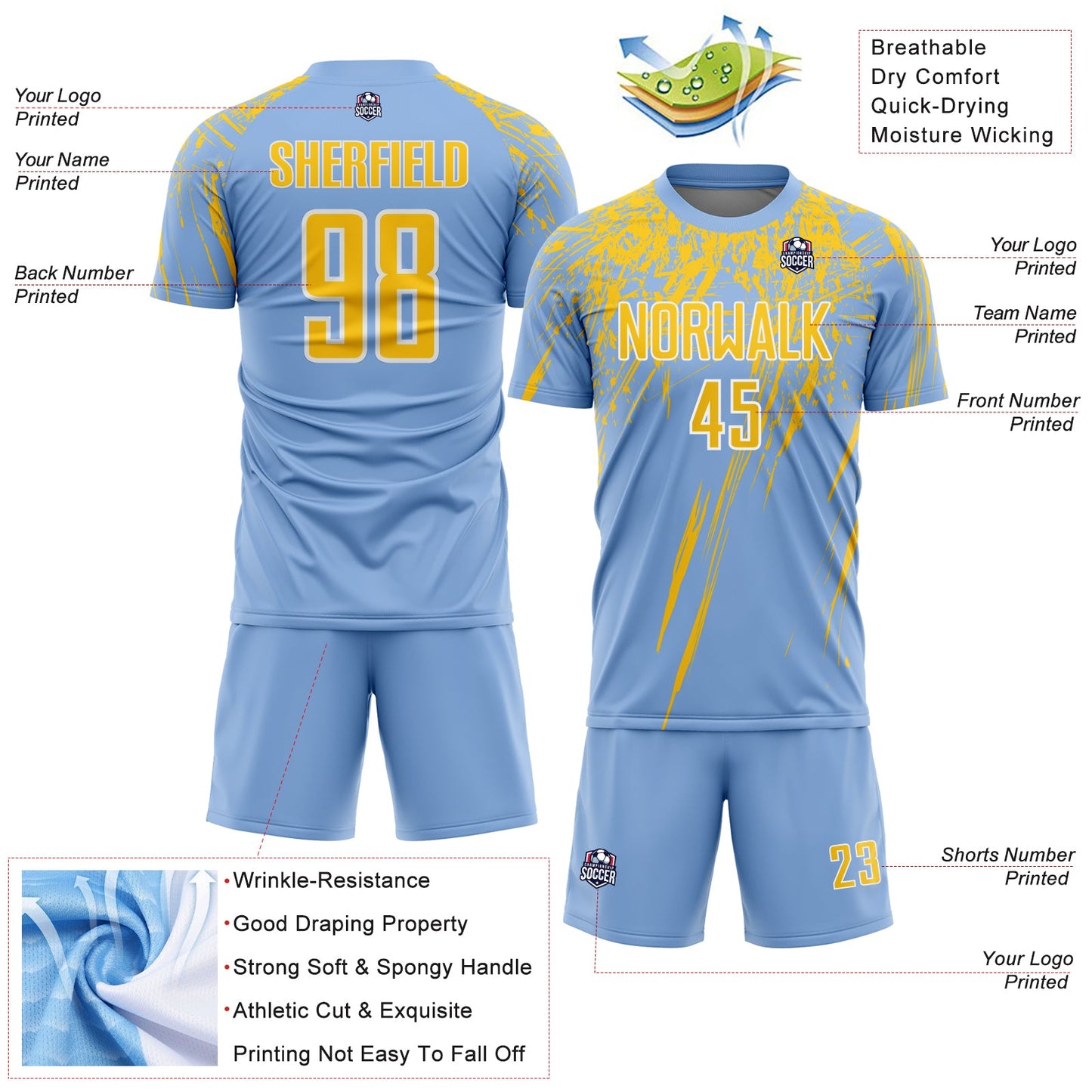 Custom Light Blue Yellow-White Splash Sports Sublimation Soccer Uniform Jersey view 4
