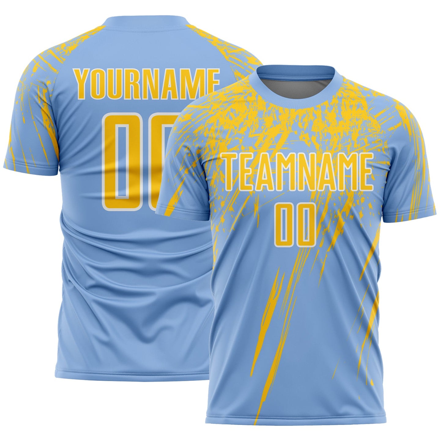 Custom Light Blue Yellow-White Splash Sports Sublimation Soccer Uniform Jersey - Main View