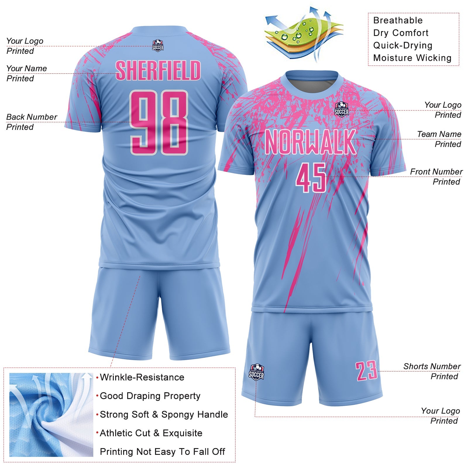 Custom Light Blue Pink-White Splash Sports Sublimation Soccer Uniform Jersey view 4