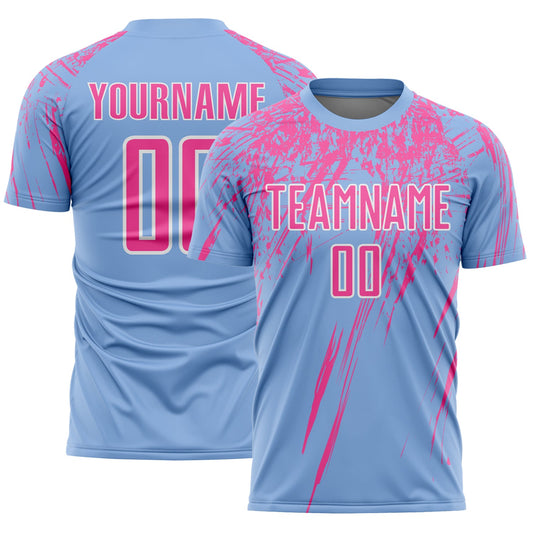 Custom Light Blue Pink-White Splash Sports Sublimation Soccer Uniform Jersey - Main View