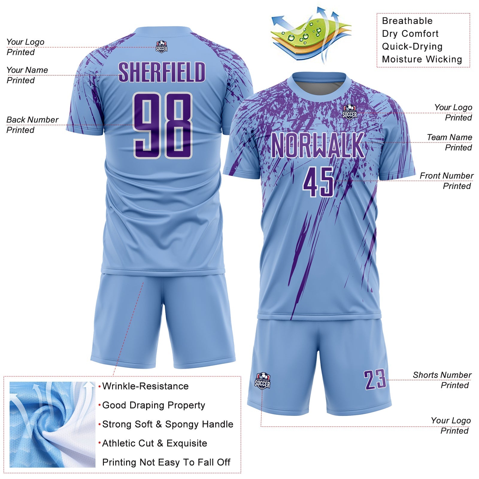 Custom Light Blue Purple-White Splash Sports Sublimation Soccer Uniform Jersey view 4