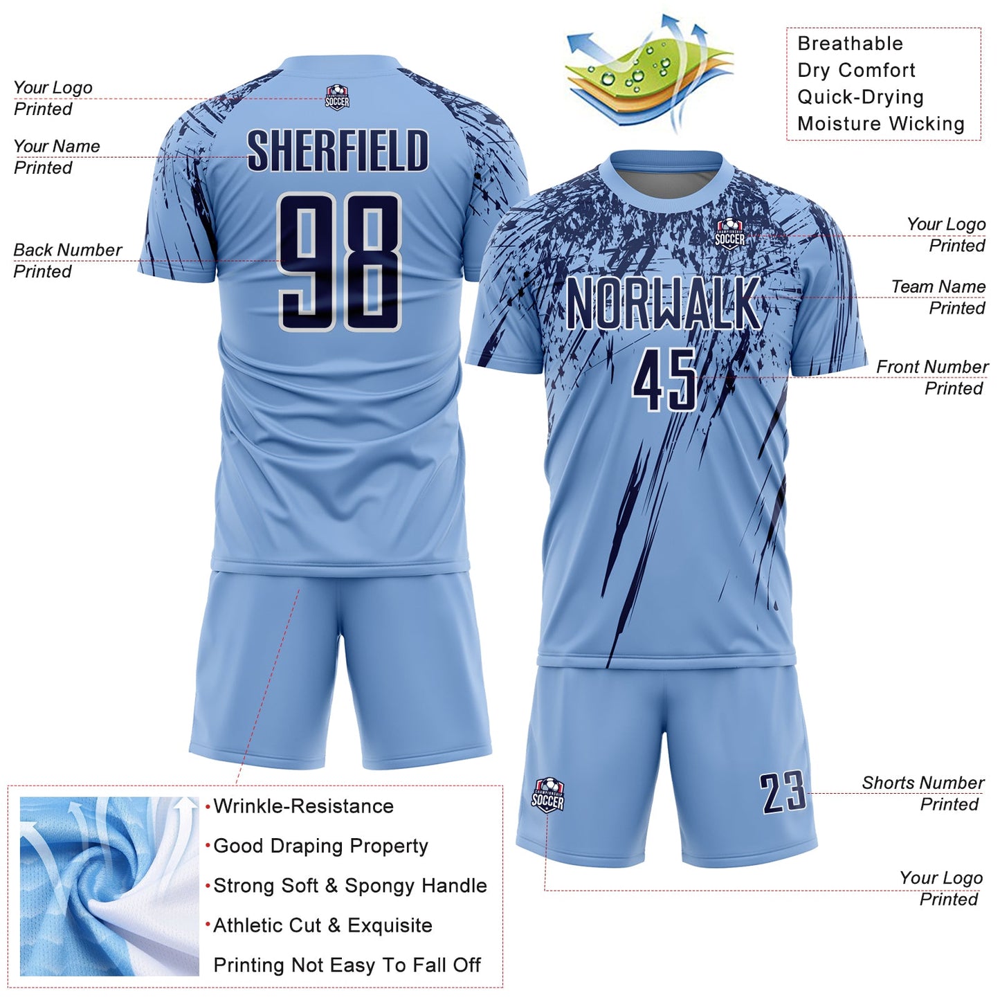 Custom Light Blue Navy-White Splash Sports Sublimation Soccer Uniform Jersey view 4