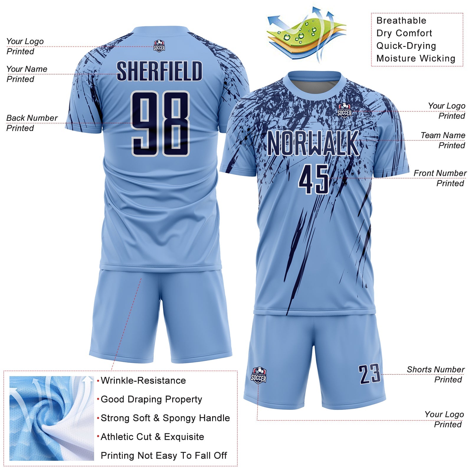 Custom Light Blue Navy-White Splash Sports Sublimation Soccer Uniform Jersey view 4