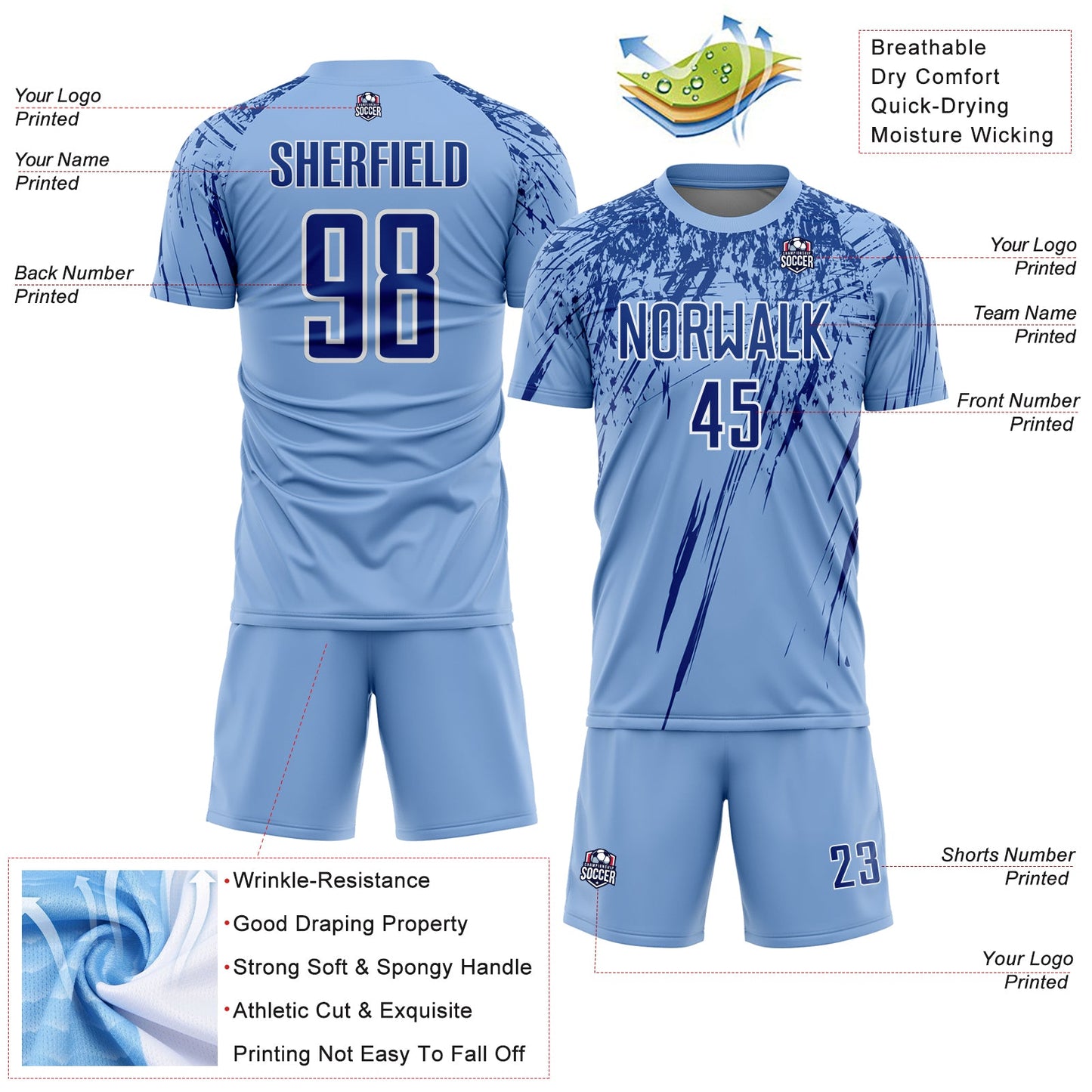 Custom Light Blue Royal-White Splash Sports Sublimation Soccer Uniform Jersey view 4