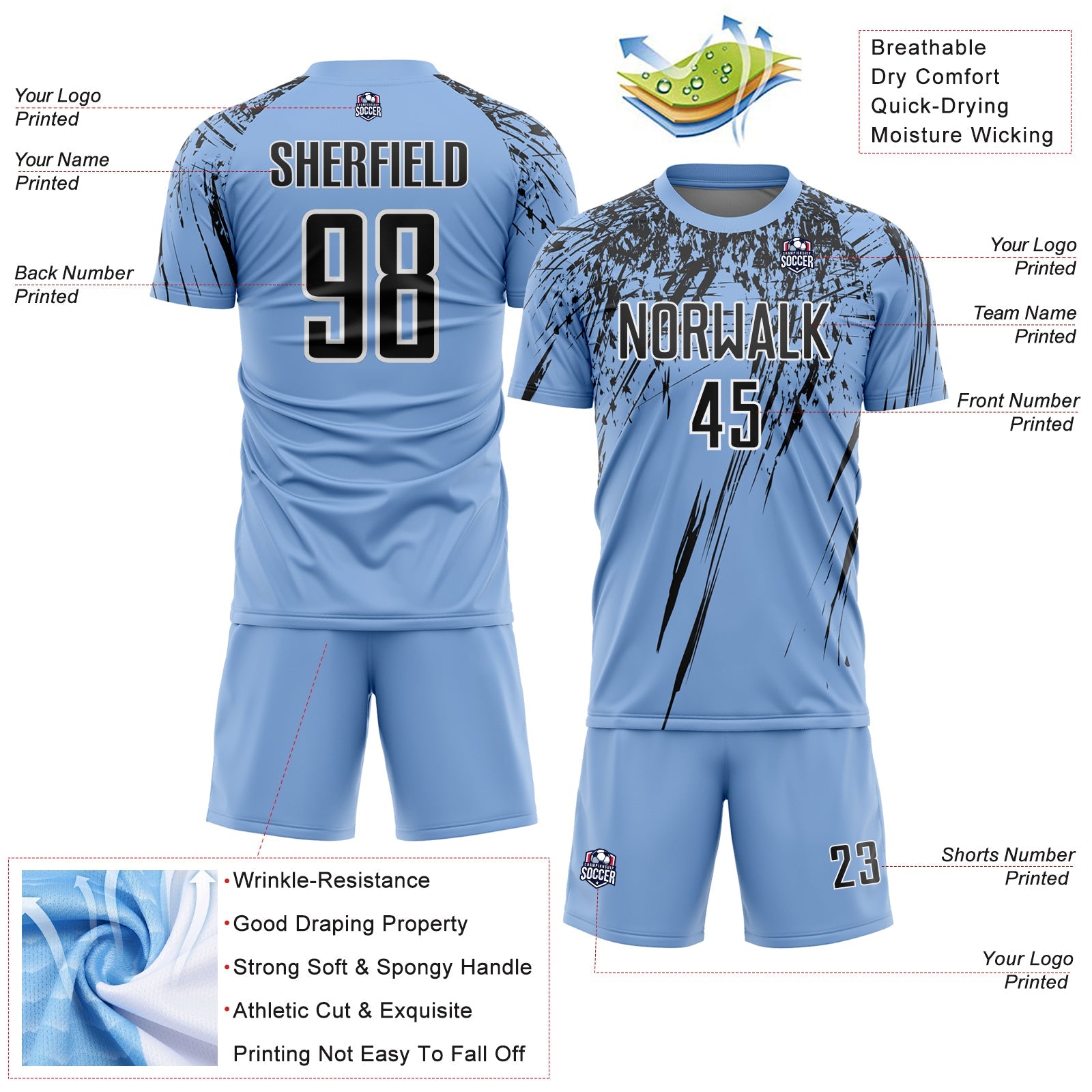 Custom Light Blue Black-White Splash Sports Sublimation Soccer Uniform Jersey view 4
