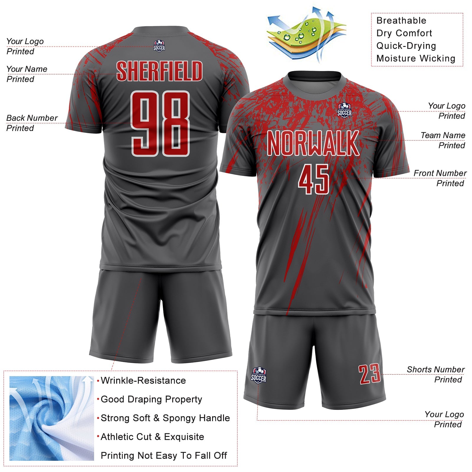 Custom Steel Gray Red-White Splash Sports Sublimation Soccer Uniform Jersey view 4
