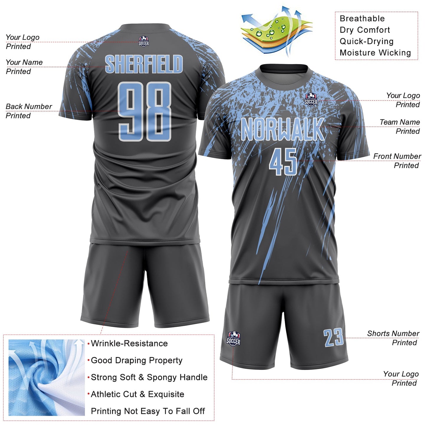 Custom Steel Gray Light Blue-White Splash Sports Sublimation Soccer Uniform Jersey view 4