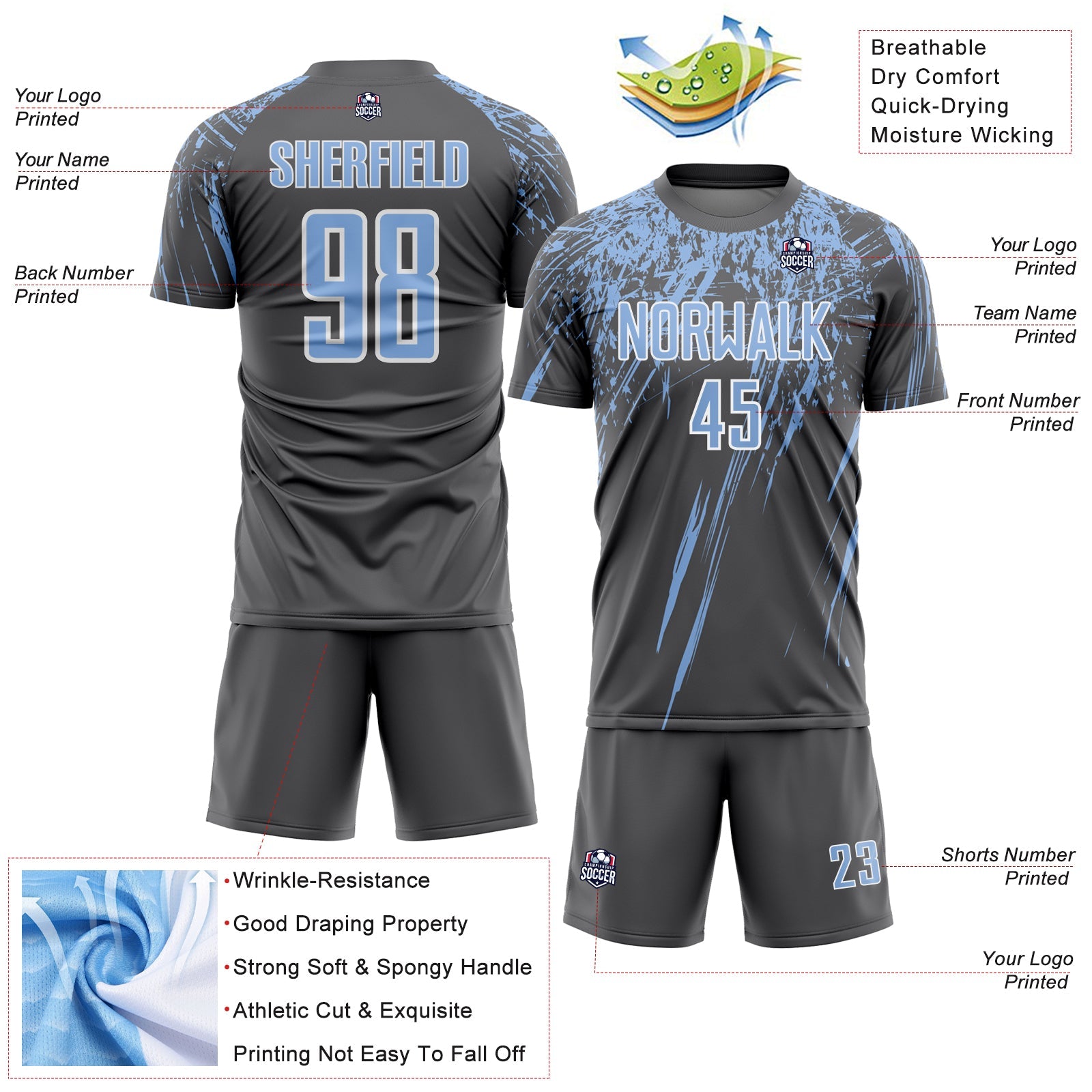 Custom Steel Gray Light Blue-White Splash Sports Sublimation Soccer Uniform Jersey view 4