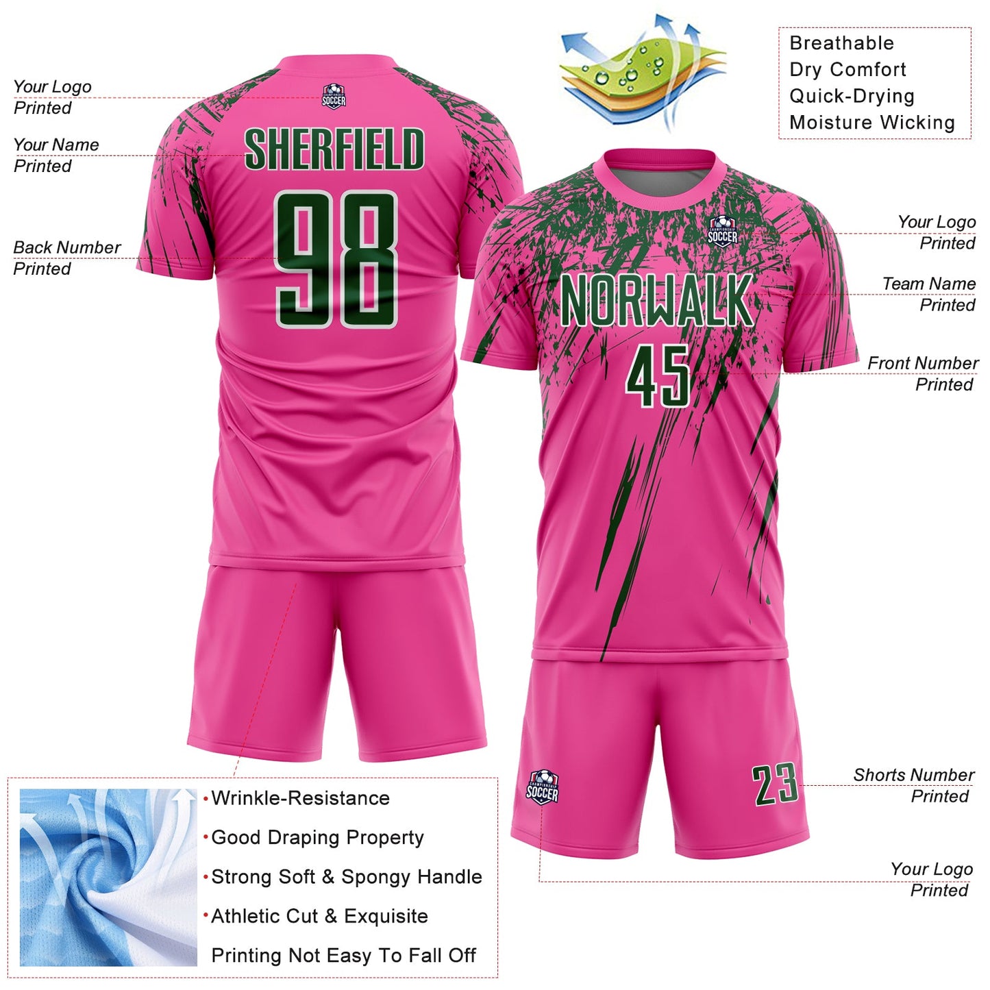 Custom Pink Green-White Splash Sports Sublimation Soccer Uniform Jersey view 4