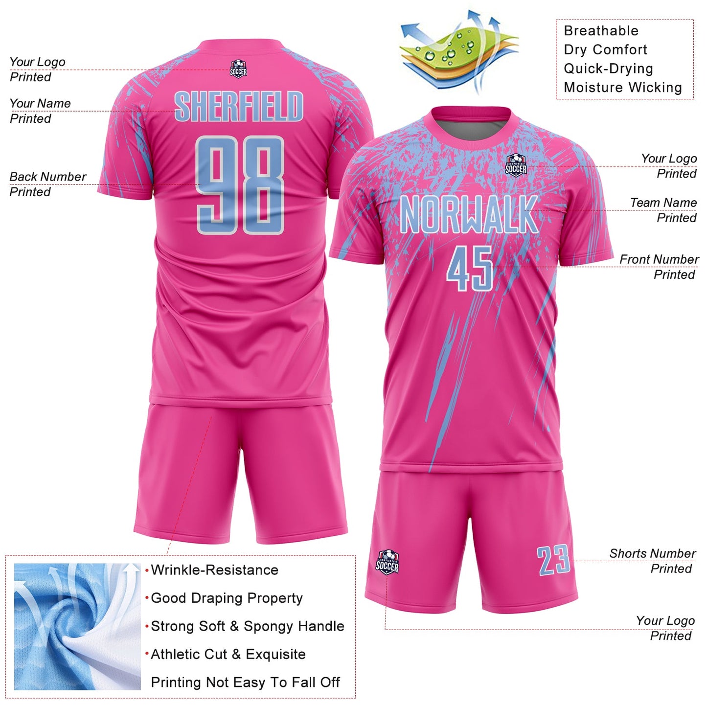 Custom Pink Light Blue-White Splash Sports Sublimation Soccer Uniform Jersey view 4