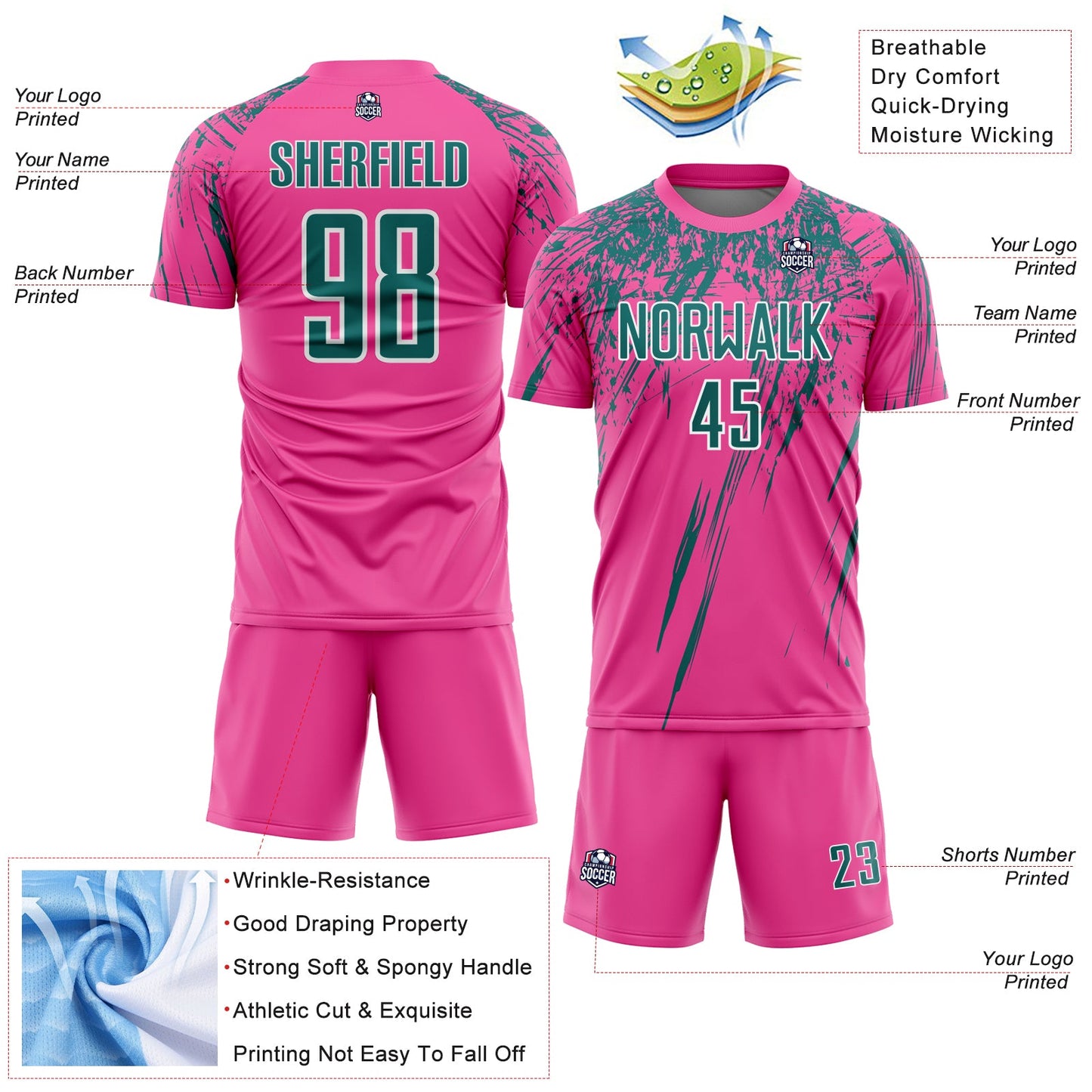 Custom Pink Teal-White Splash Sports Sublimation Soccer Uniform Jersey view 4
