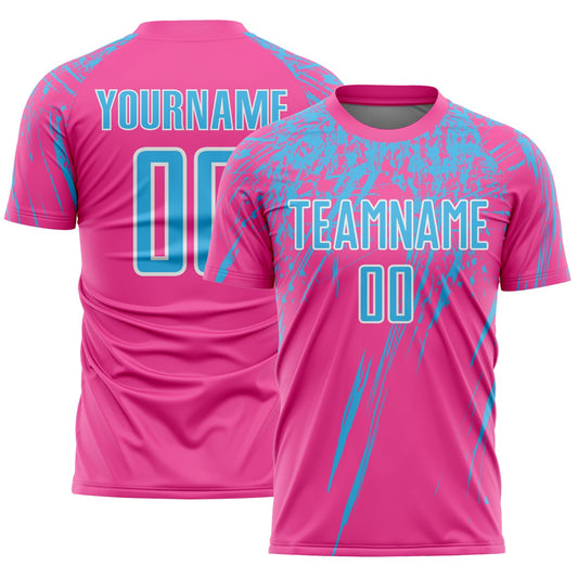 Custom Pink Sky Blue-White Splash Sports Sublimation Soccer Uniform Jersey - Main View