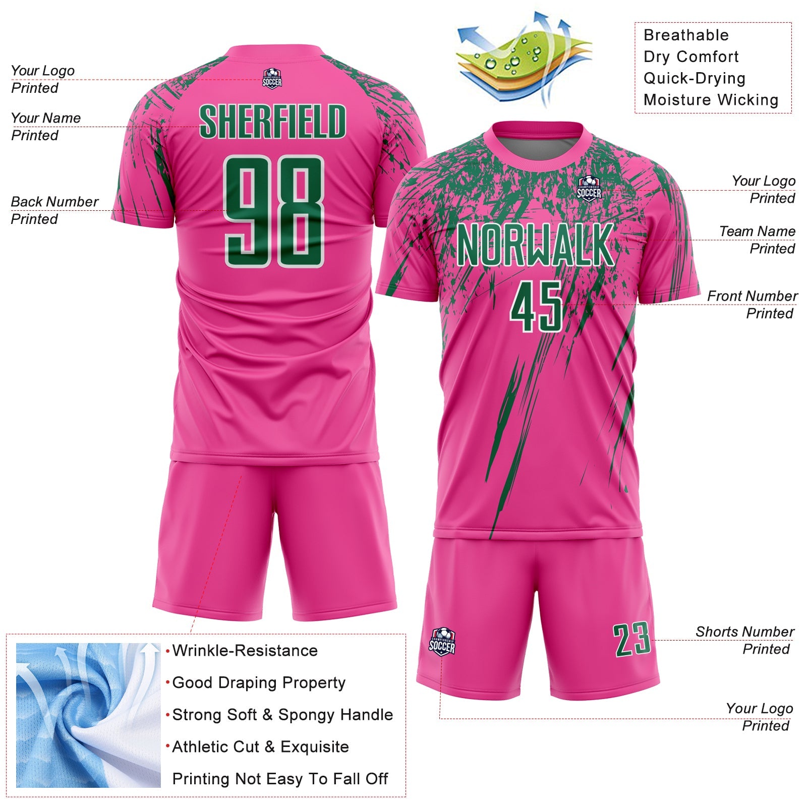 Custom Pink Kelly Green-White Splash Sports Sublimation Soccer Uniform Jersey view 4