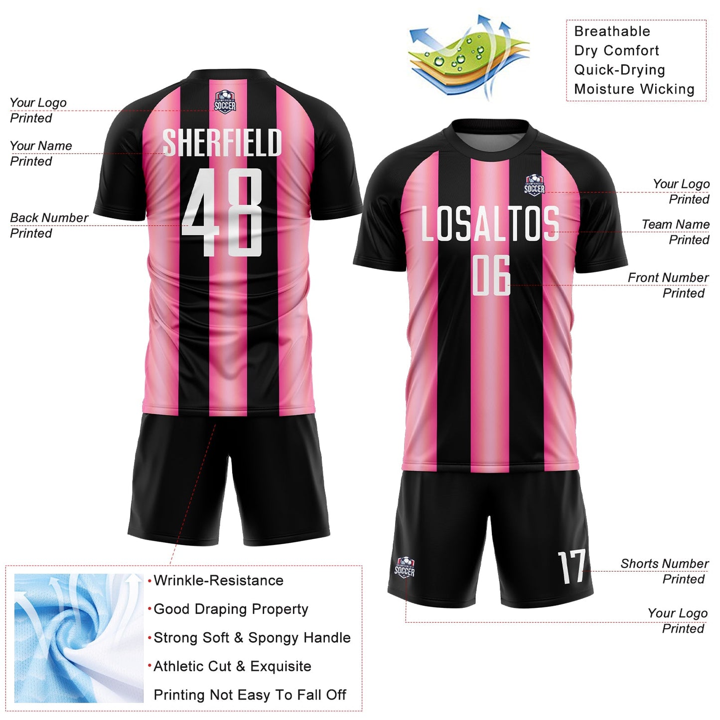 Custom Black White-Pink Stripes Sports Sublimation Soccer Uniform Jersey view 4
