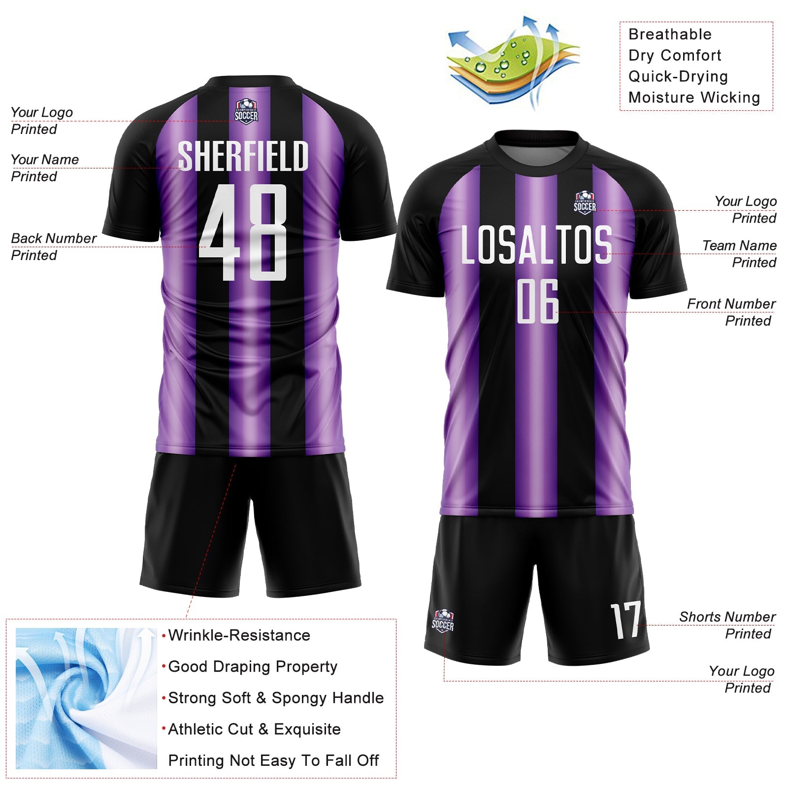 Custom Black White-Purple Stripes Sports Sublimation Soccer Uniform Jersey view 4