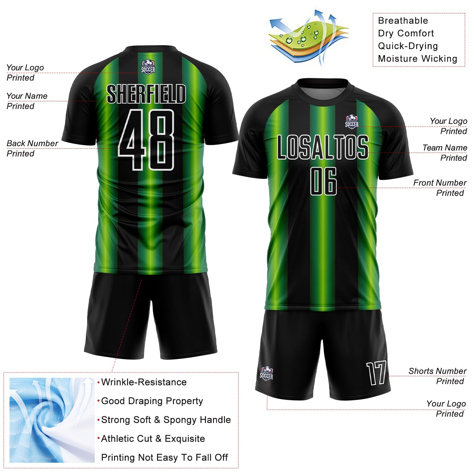 Custom Black Green-White Stripes Sports Sublimation Soccer Uniform Jersey view 4
