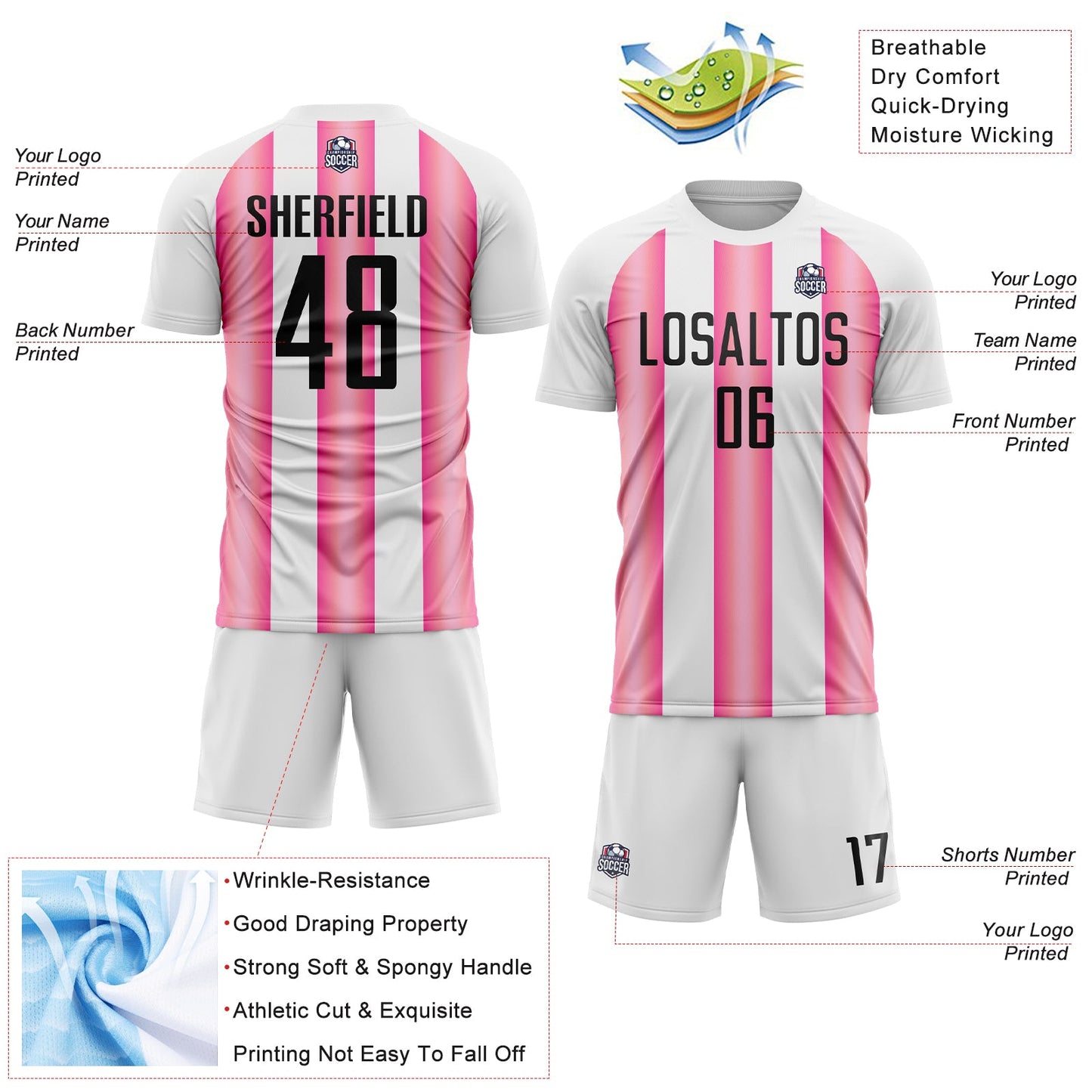 Custom White Black-Pink Stripes Sports Sublimation Soccer Uniform Jersey view 4