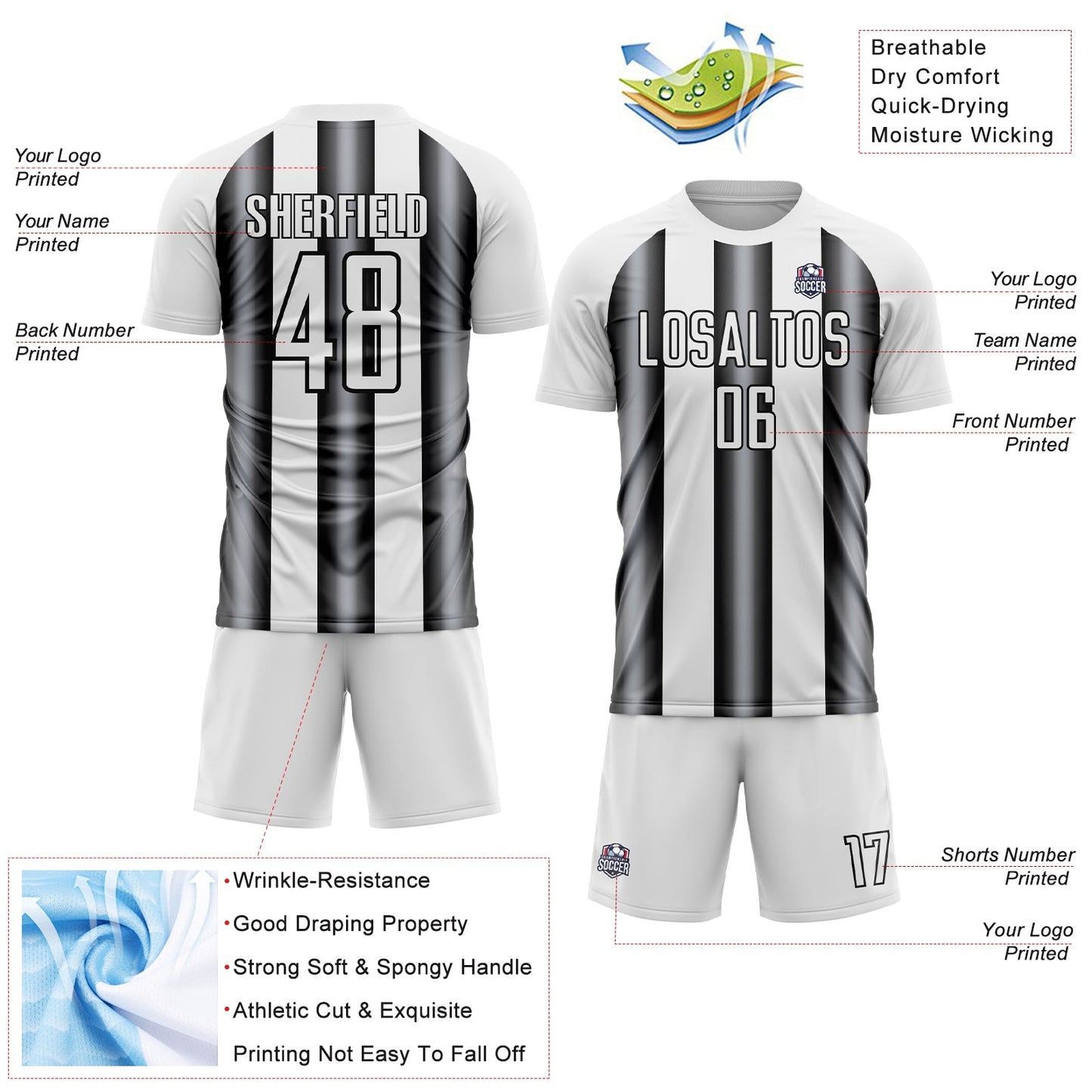 Custom White Gray-Black Stripes Sports Sublimation Soccer Uniform Jersey view 4