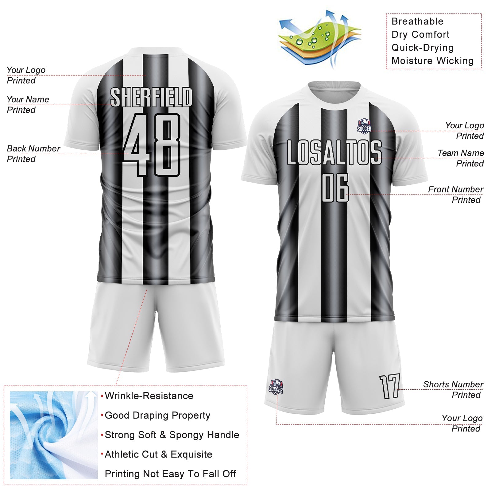 Custom White Gray-Black Stripes Sports Sublimation Soccer Uniform Jersey view 4