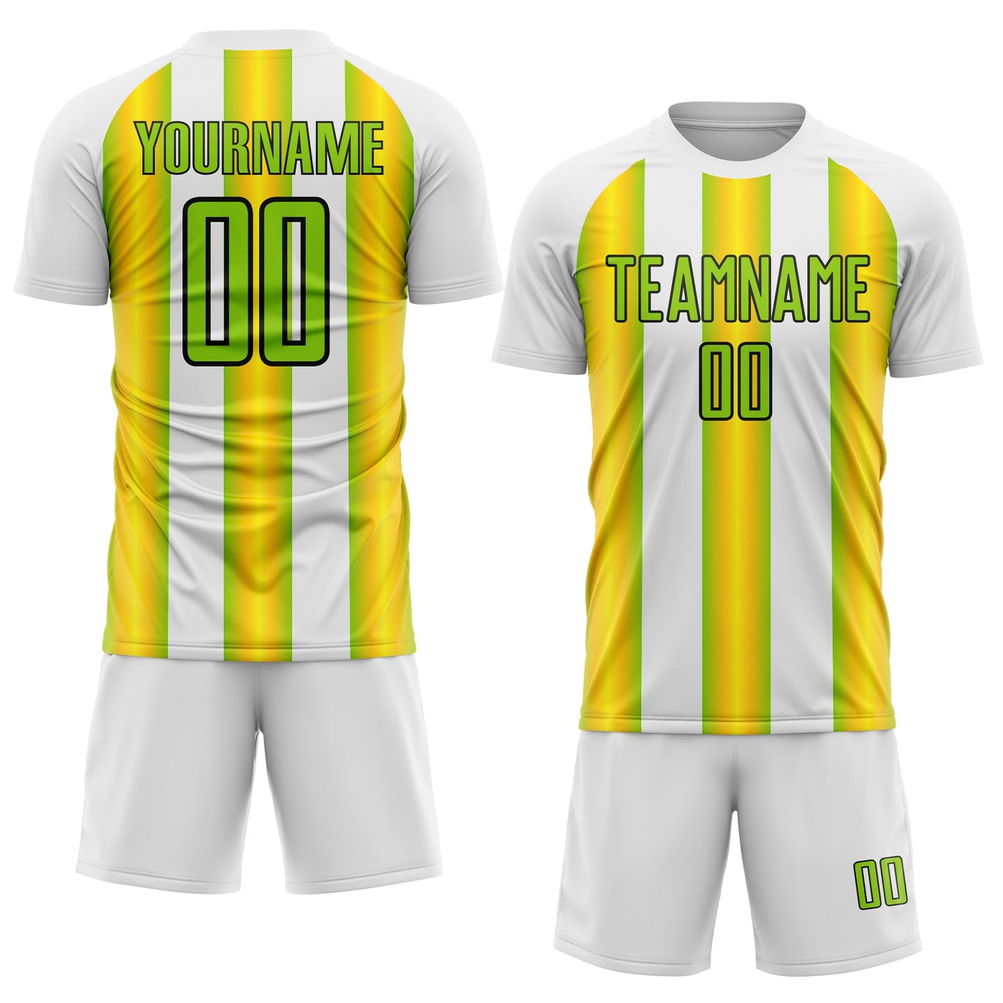 Custom White Neon Green Yellow-Black Stripes Sports Sublimation Soccer Uniform Jersey view 2