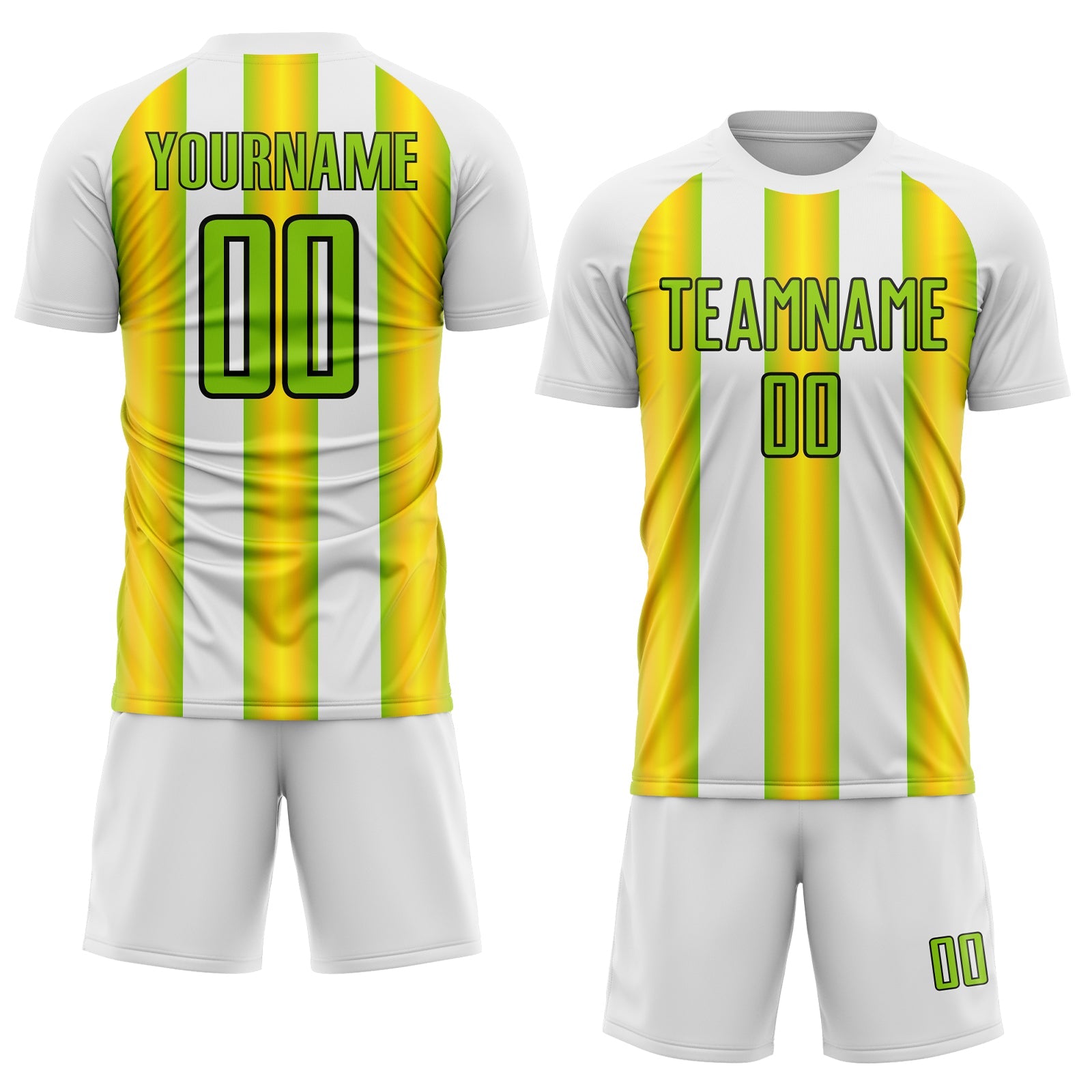 Custom White Neon Green Yellow-Black Stripes Sports Sublimation Soccer Uniform Jersey view 2