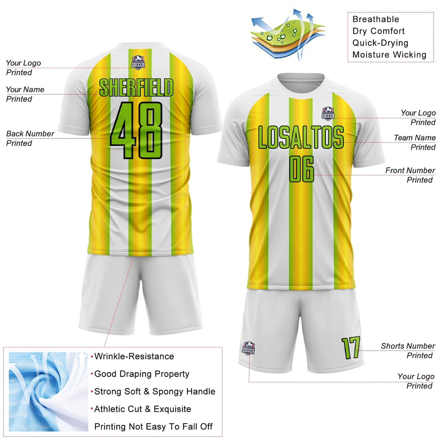 Custom White Neon Green Yellow-Black Stripes Sports Sublimation Soccer Uniform Jersey view 4