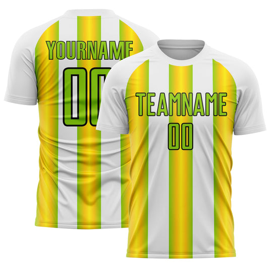 Custom White Neon Green Yellow-Black Stripes Sports Sublimation Soccer Uniform Jersey - Main View