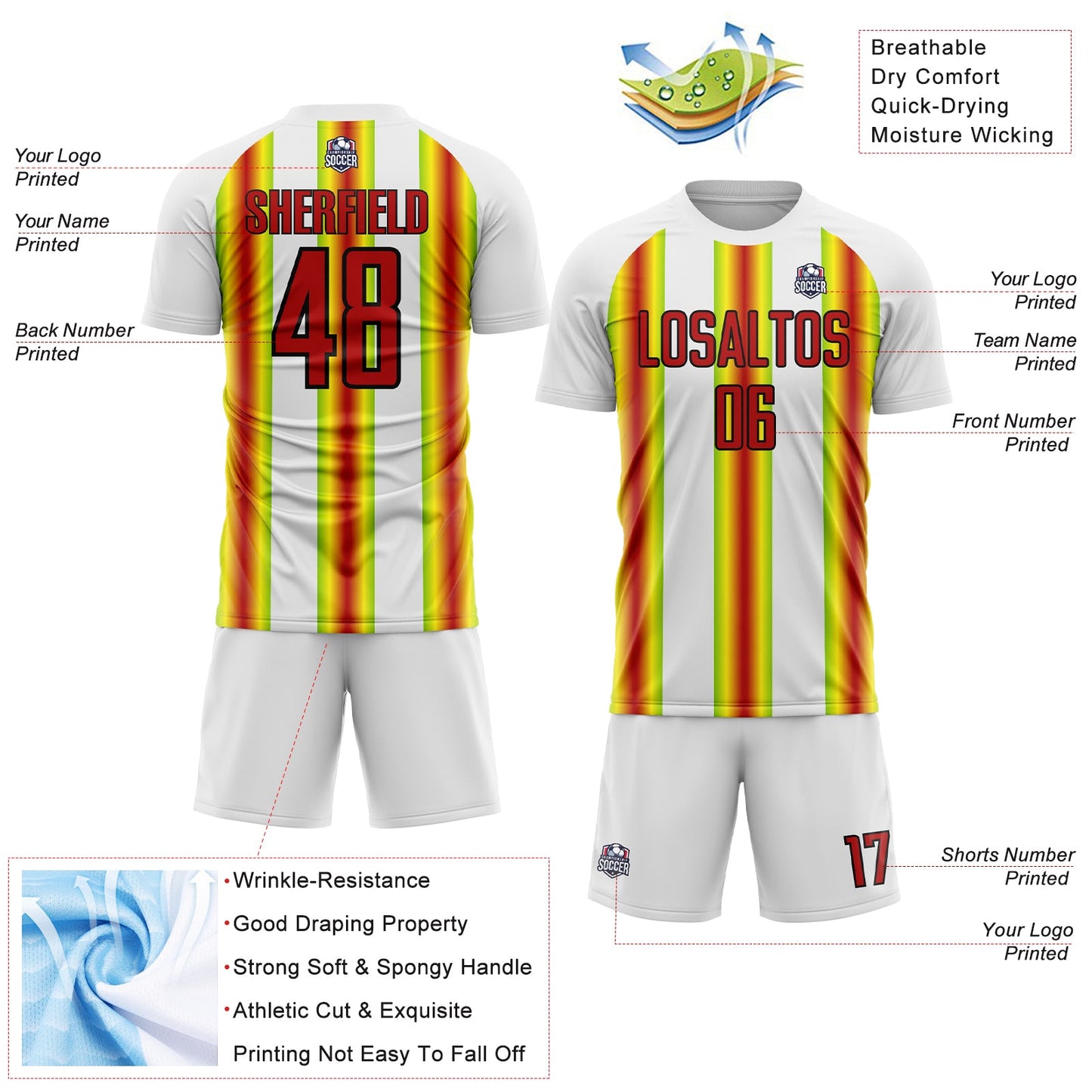 Custom White Red Green Yellow-Black Stripes Sports Sublimation Soccer Uniform Jersey view 4