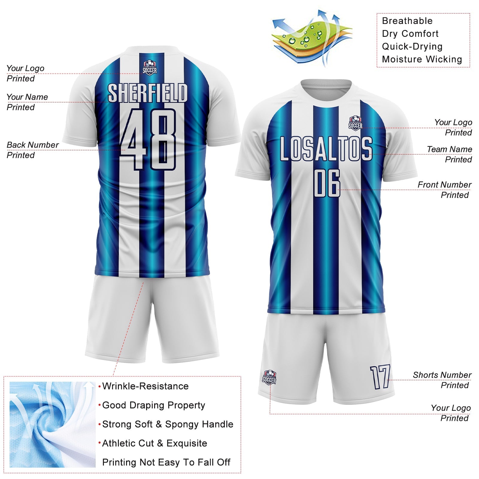 Custom White Blue-Navy Stripes Sports Sublimation Soccer Uniform Jersey view 4