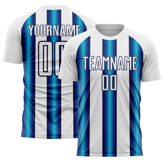 Custom White Blue-Navy Stripes Sports Sublimation Soccer Uniform Jersey - Main View