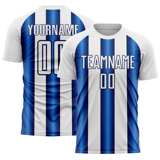 Custom White Blue-Navy Stripes Sports Sublimation Soccer Uniform Jersey - Main View