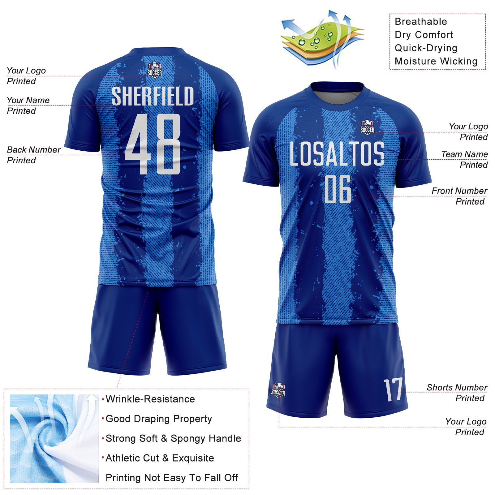 Custom Royal White-Powder Blue Stripes Sports Sublimation Soccer Uniform Jersey view 4