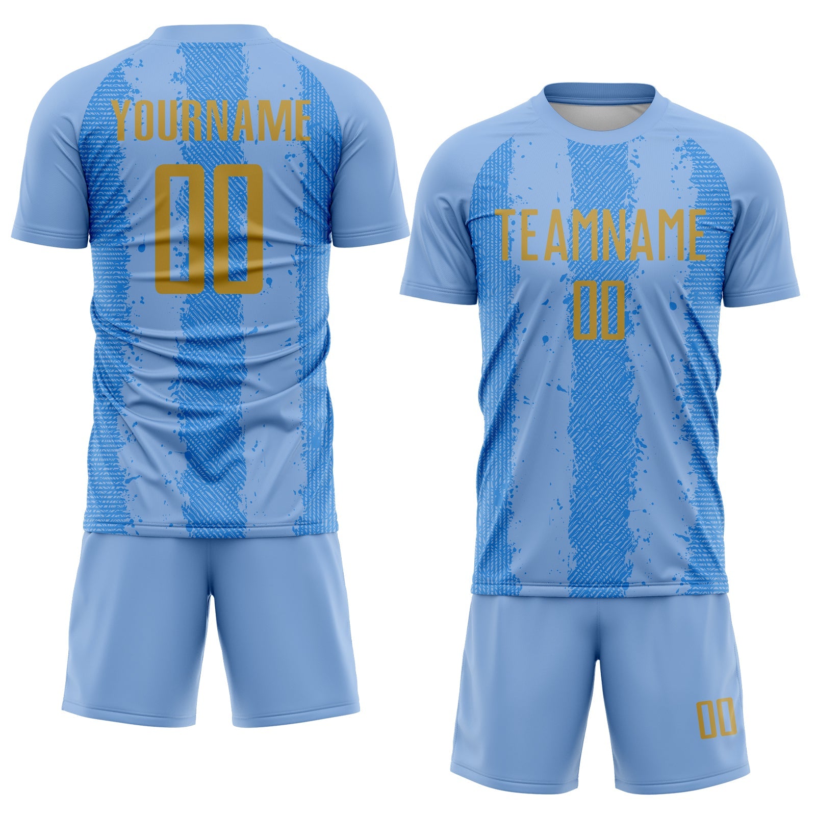 Custom Light Blue Old Gold-Powder Blue Argentina Stripes Sports Sublimation Soccer Uniform Jersey view 2