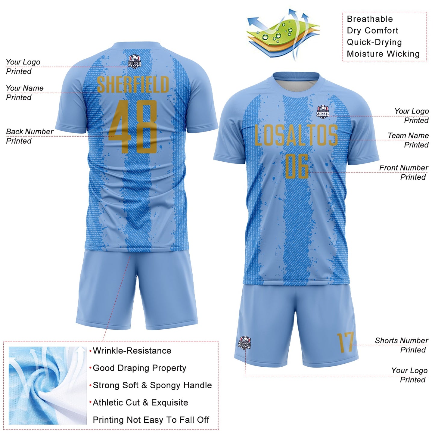 Custom Light Blue Old Gold-Powder Blue Argentina Stripes Sports Sublimation Soccer Uniform Jersey view 4
