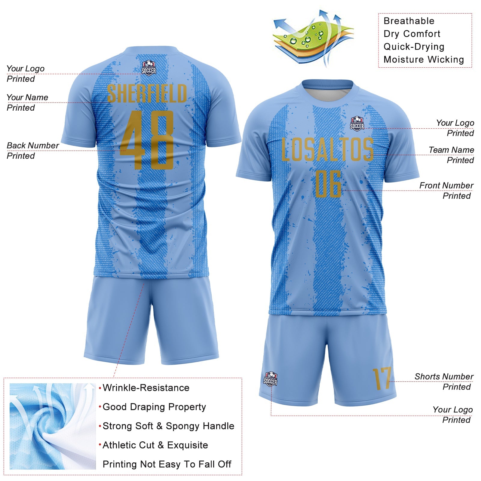 Custom Light Blue Old Gold-Powder Blue Argentina Stripes Sports Sublimation Soccer Uniform Jersey view 4